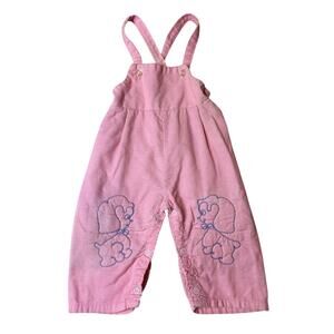 VTG 60s Toddler Girl Corduroy Pink Overalls Blue Poodle Embroidered Detail 18M